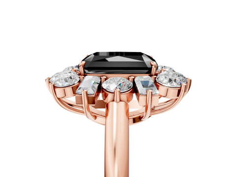 Rose gold Fancy Black Radiant Cut Diamond Cluster Ring with Round and Baguette Stones, Split Shank Band, Prong Setting_5