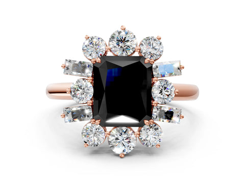 Rose gold Fancy Black Radiant Cut Diamond Cluster Ring with Round and Baguette Stones, Split Shank Band, Prong Setting