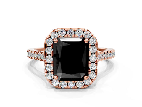 Rose gold Fancy Black Radiant Cut Diamond Cushion Halo Ring with Pavé Band