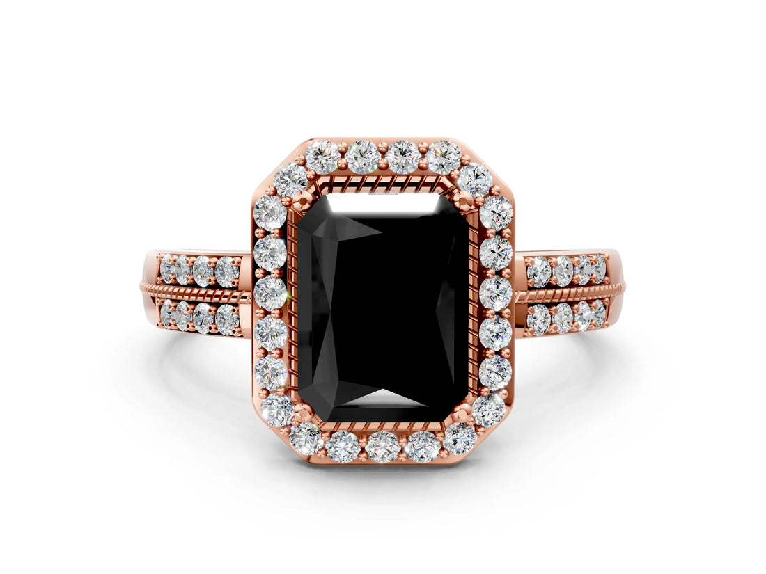 Rose gold Fancy Black Radiant Cut Diamond Double Halo Ring with Split Shank and Four-Prong Setting_12