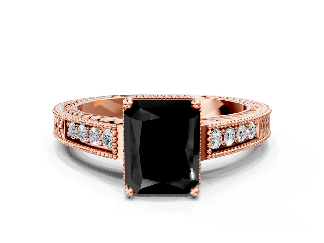 Rose gold Fancy Black Radiant Cut Diamond Engagement Ring with Milgrain Channel Set Band and Prong Setting