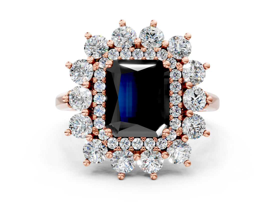 Rose gold Fancy Black Radiant Cut Diamond Floral Double Halo Engagement Ring with Prong Setting_18