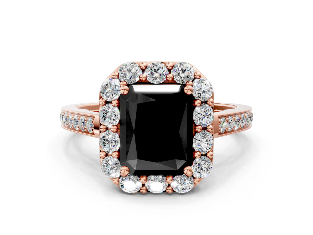 Rose gold Fancy Black Radiant Cut Diamond Floral Halo Ring with Pavé Band and Prong Setting_3