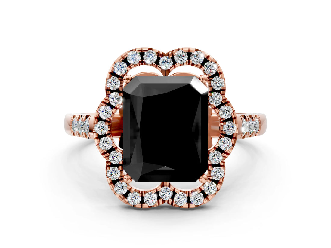 Rose gold Fancy Black Radiant Cut Diamond Floral Halo Split Shank Prong Setting Ring