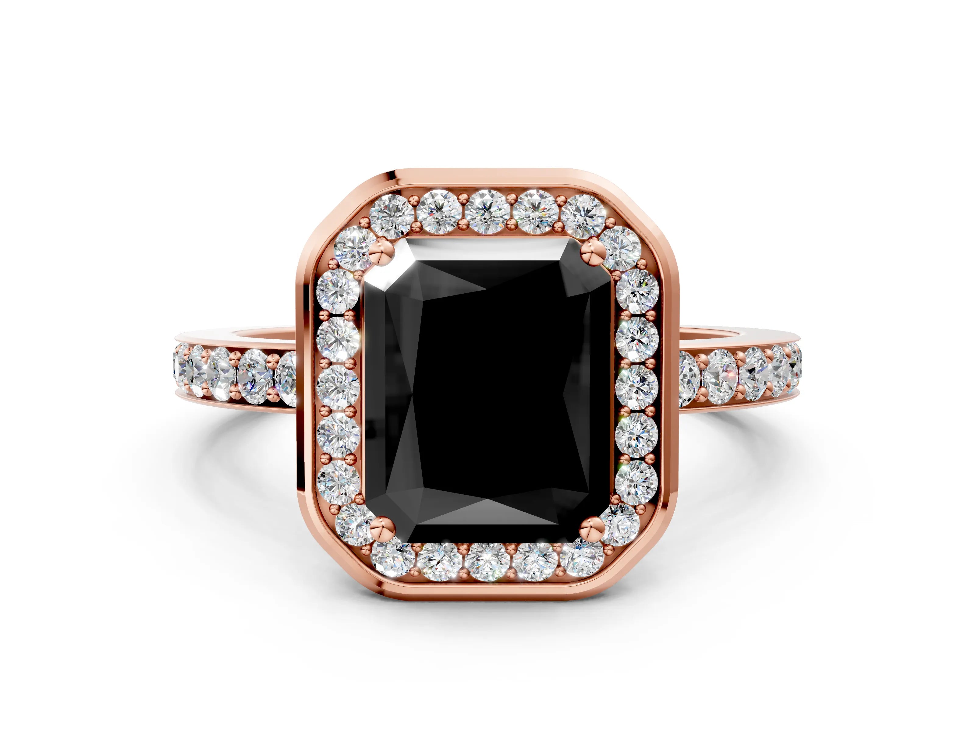 Rose gold Fancy Black Radiant Cut Diamond Halo Ring with Bezel Frame and Pavé Band