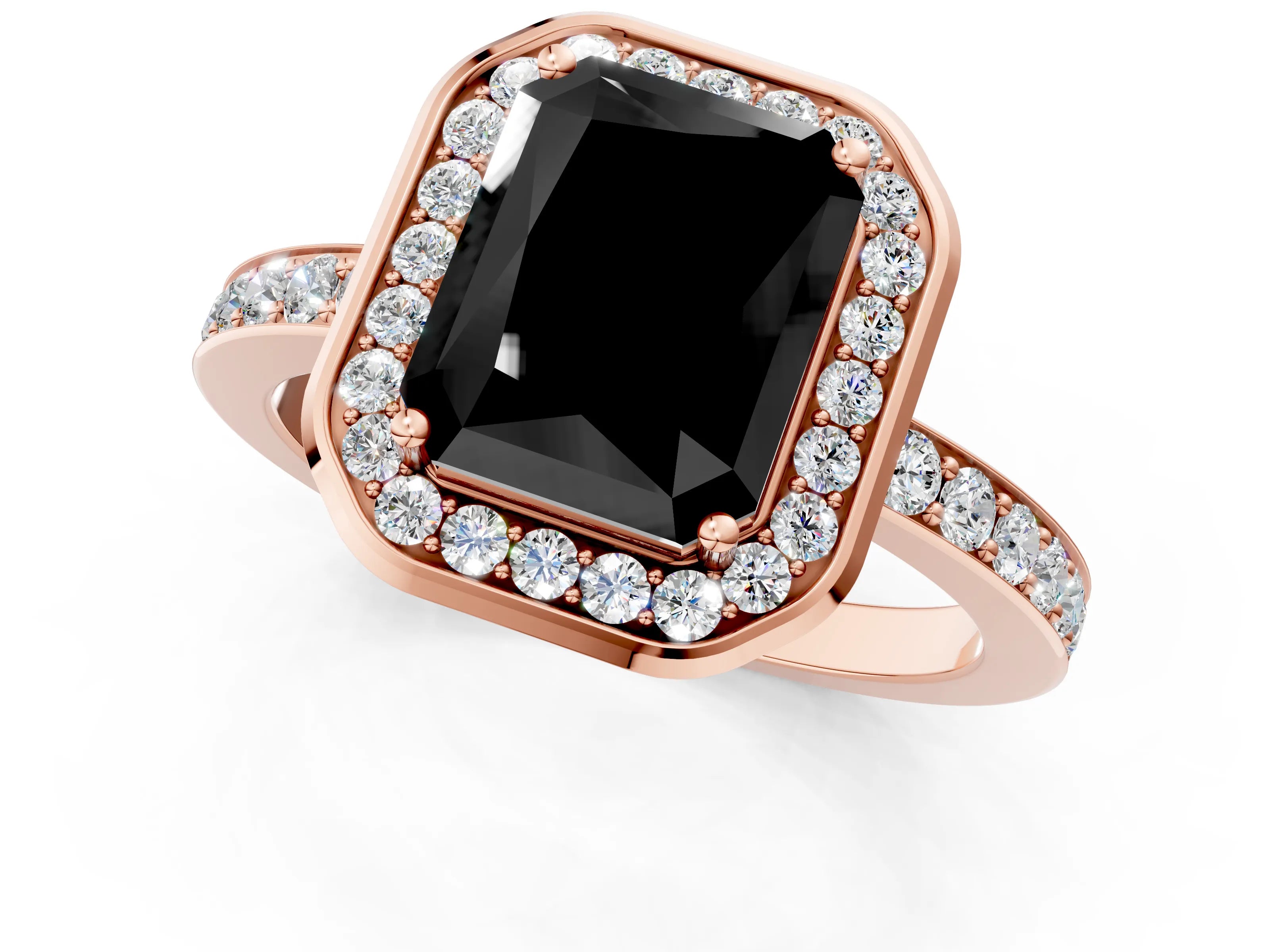 Rose gold Fancy Black Radiant Cut Diamond Halo Ring with Bezel Frame and Pavé Band_1