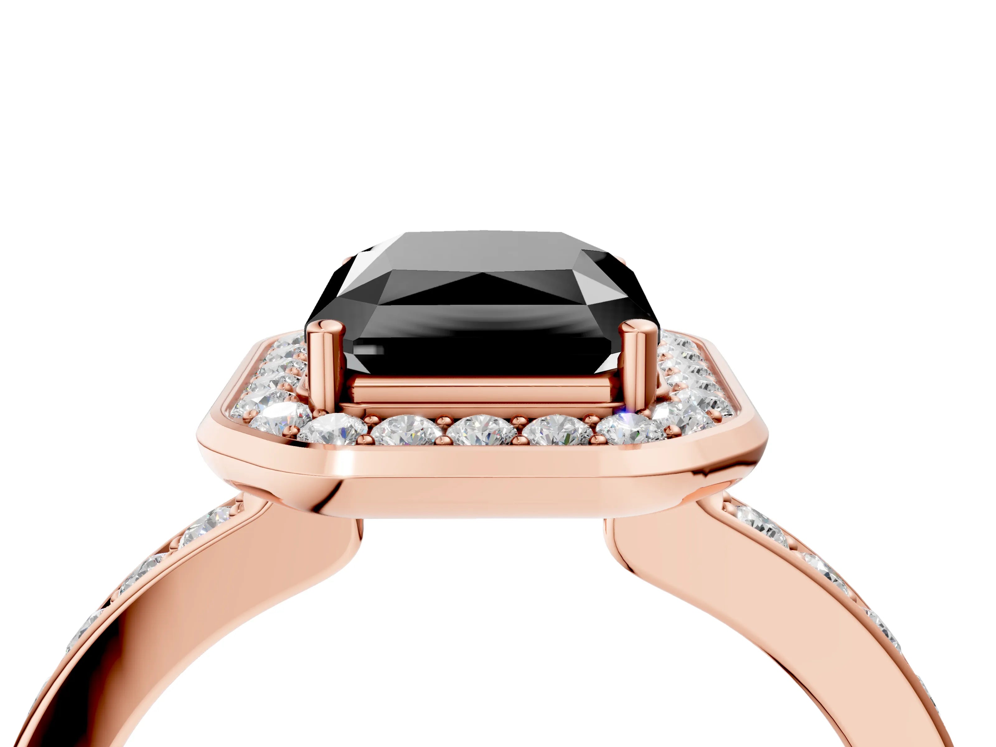 Rose gold Fancy Black Radiant Cut Diamond Halo Ring with Bezel Frame and Pavé Band_4