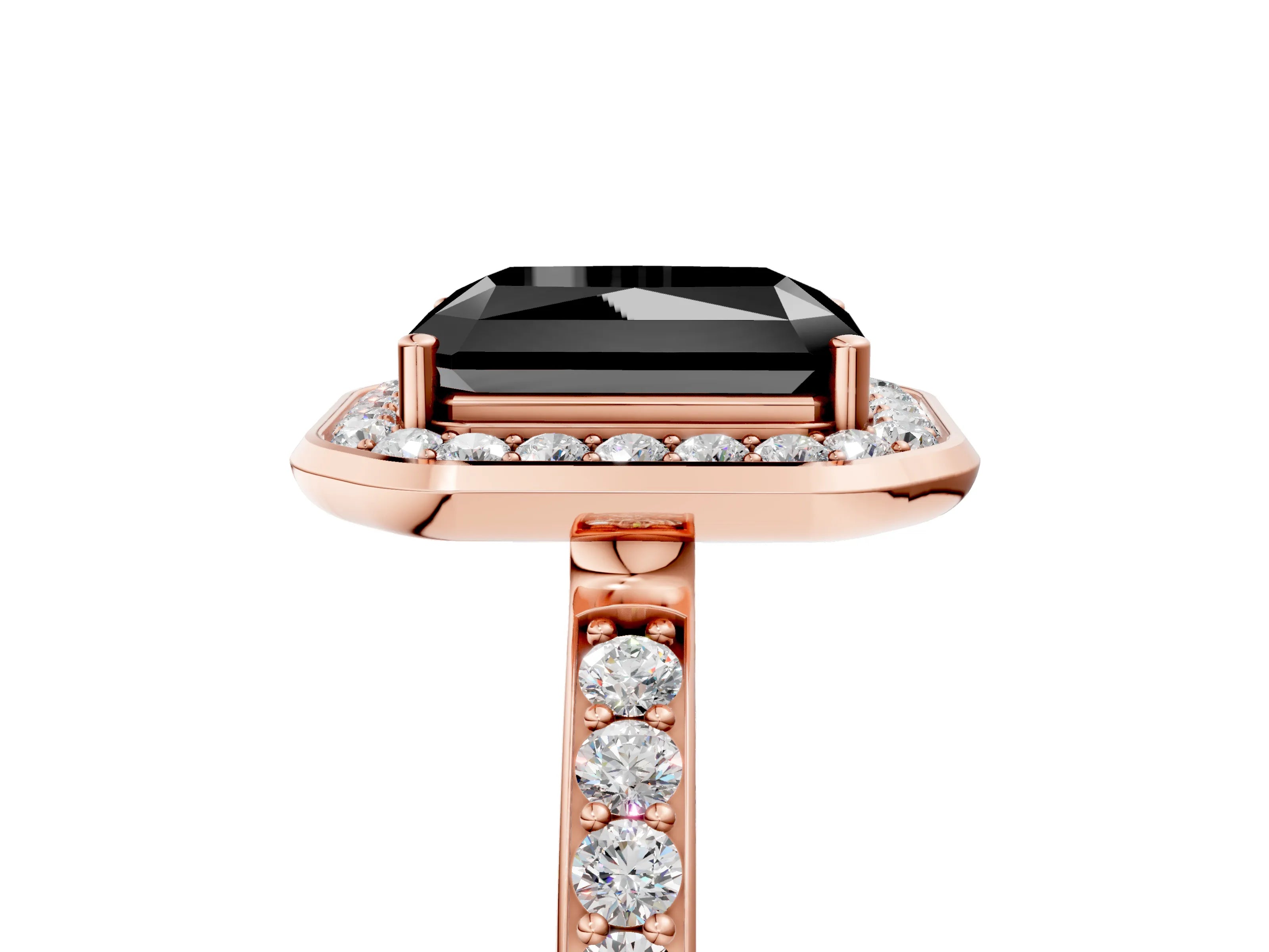 Rose gold Fancy Black Radiant Cut Diamond Halo Ring with Bezel Frame and Pavé Band_5