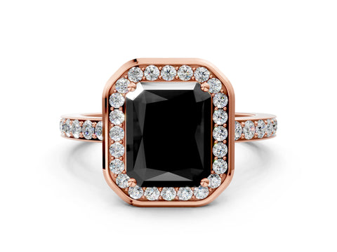 Rose gold Fancy Black Radiant Cut Diamond Halo Ring with Bezel Frame and Pavé Band