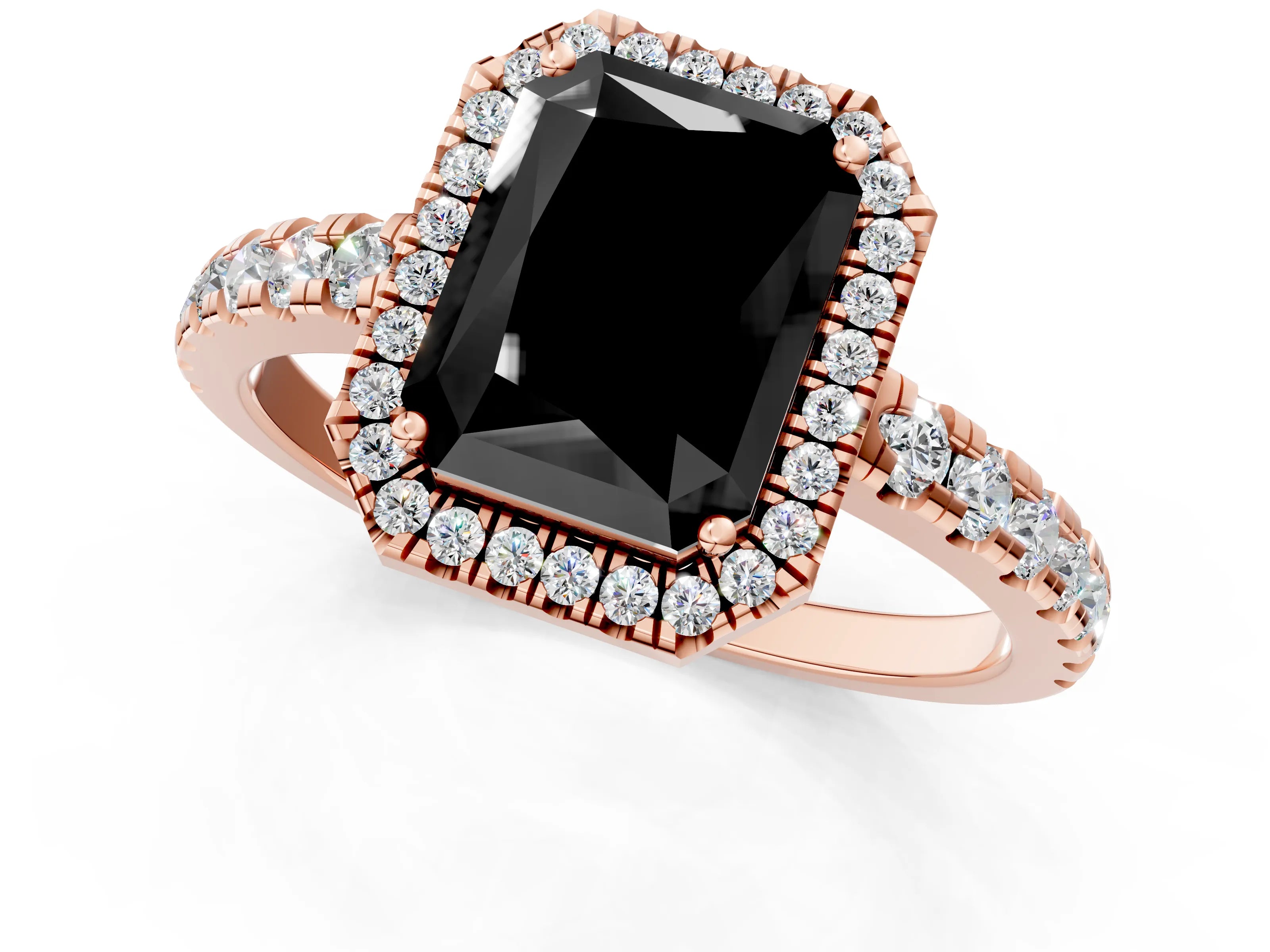 Rose gold Fancy Black Radiant Cut Diamond Halo Ring with Pavé Band and Four-Prong Setting_1