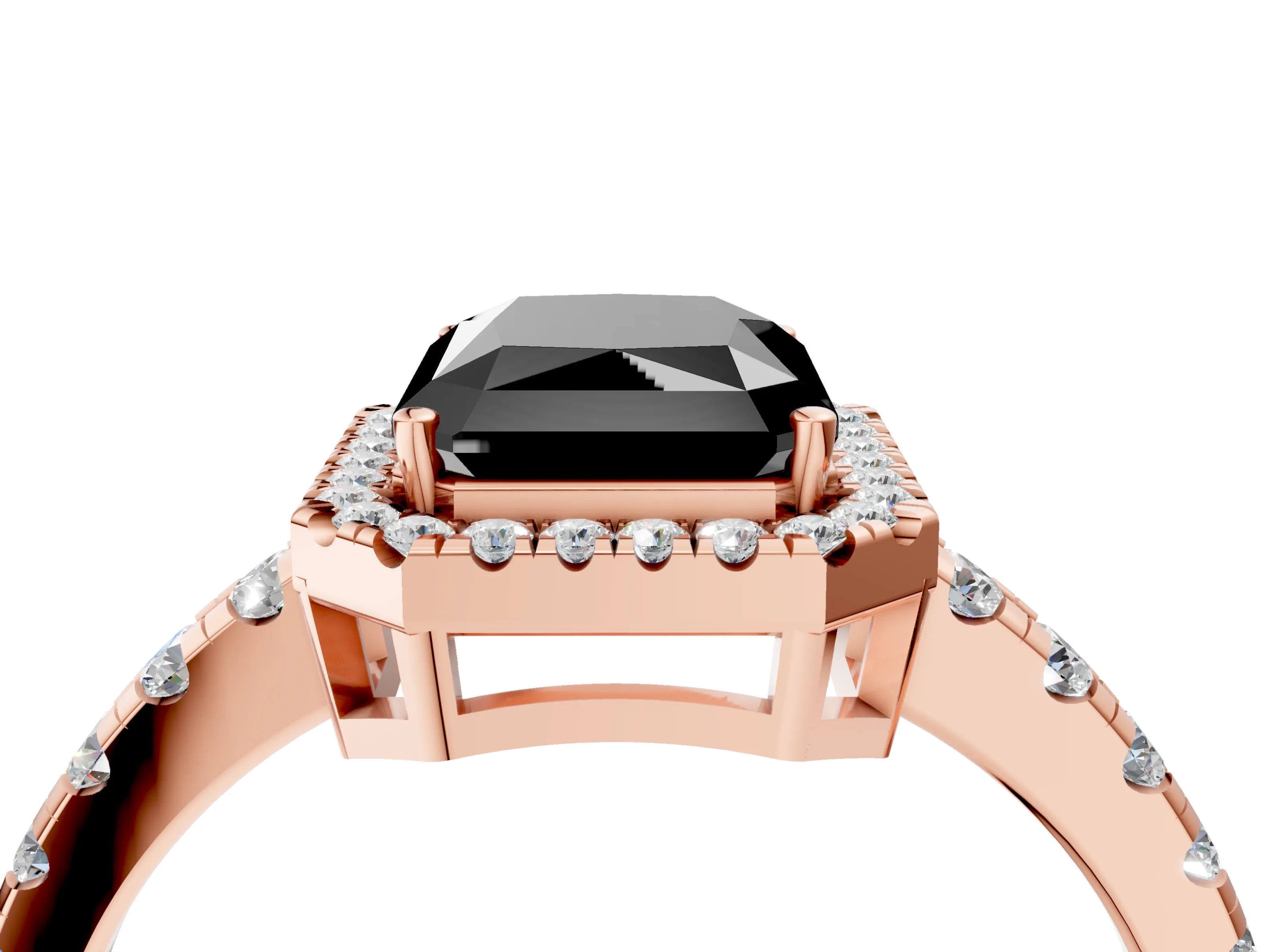Rose gold Fancy Black Radiant Cut Diamond Halo Ring with Pavé Band and Four-Prong Setting_4