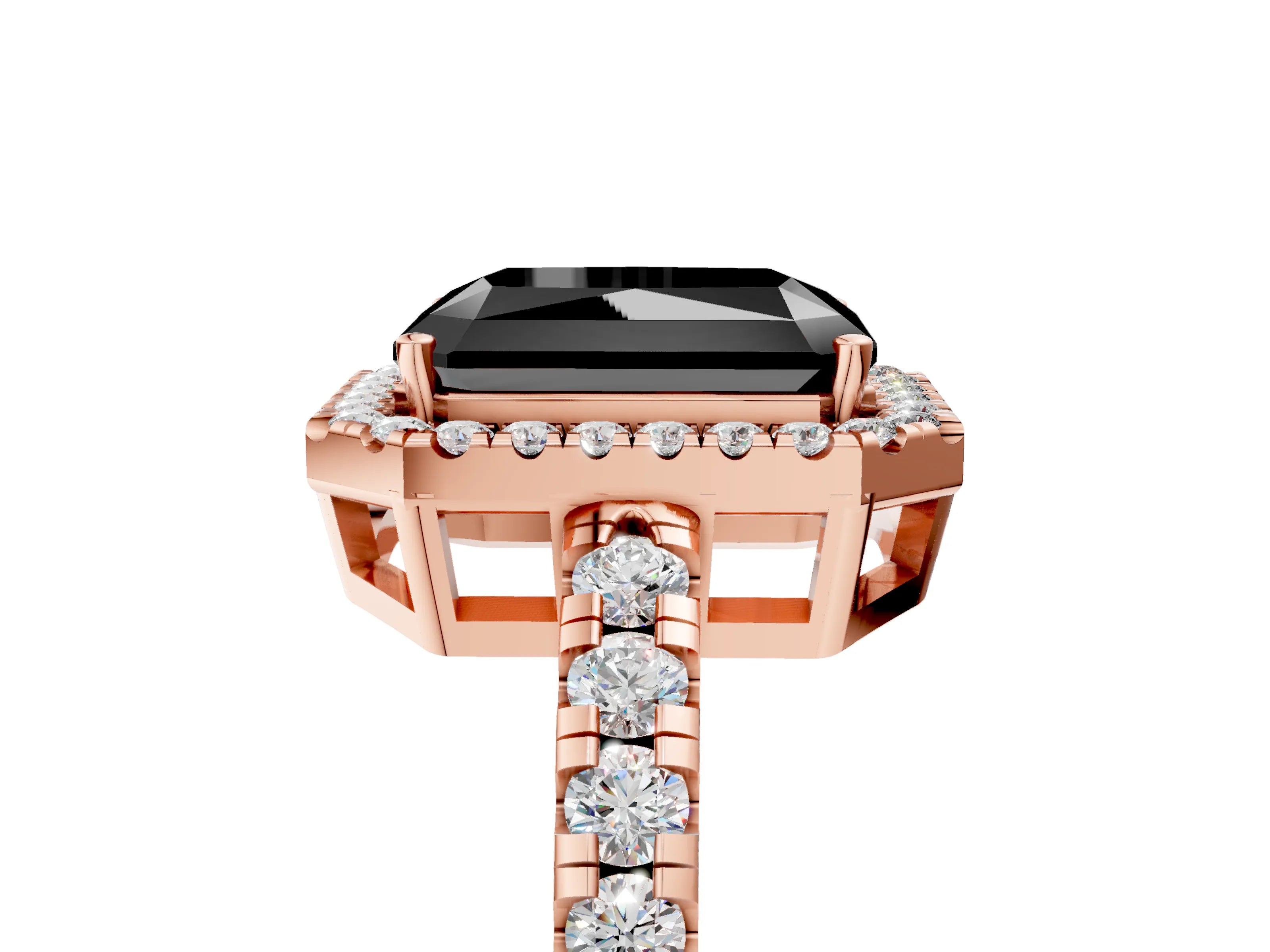 Rose gold Fancy Black Radiant Cut Diamond Halo Ring with Pavé Band and Four-Prong Setting_5