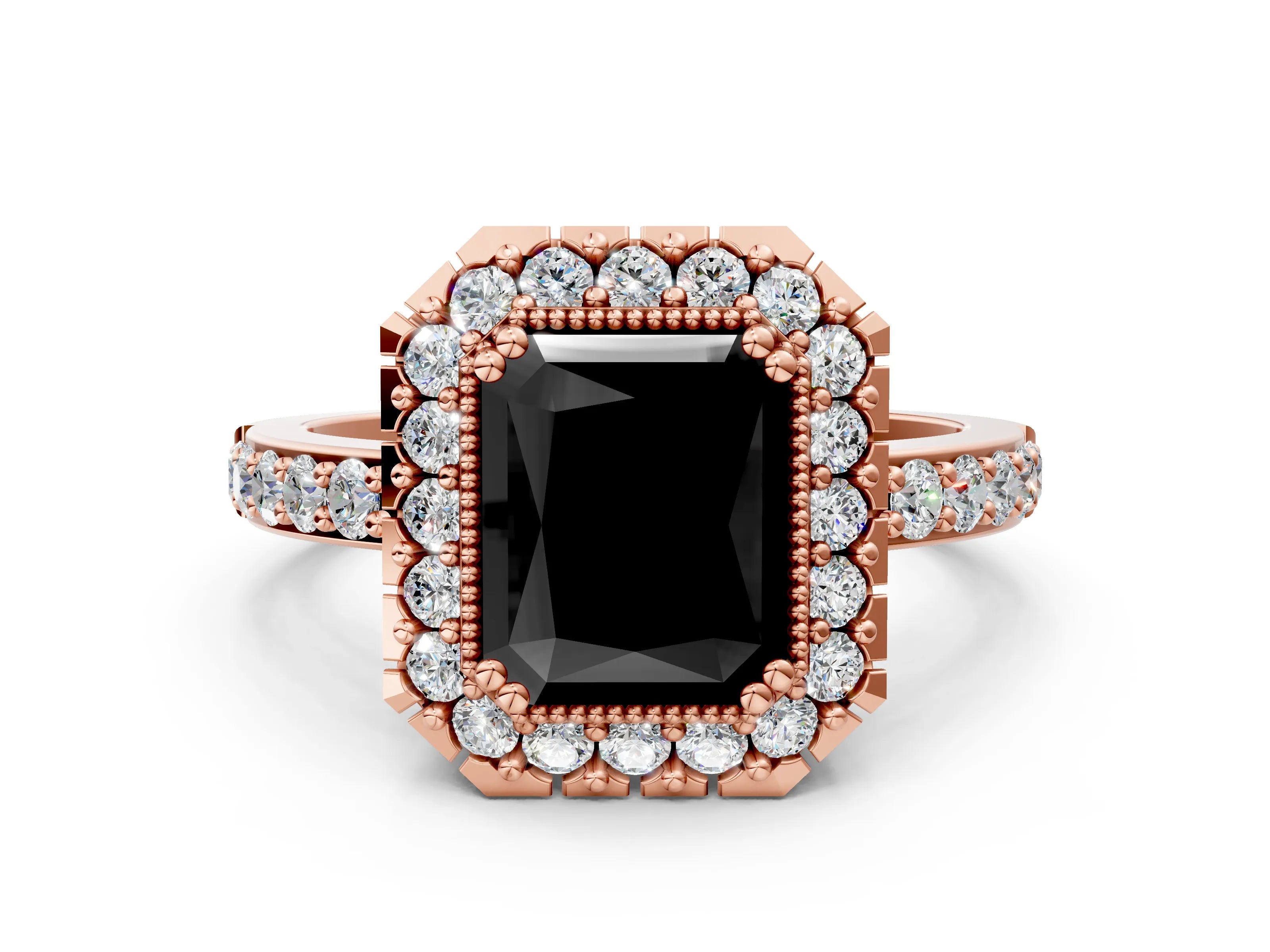 Rose gold Fancy Black Radiant Cut Diamond Halo Ring with Pavé Band and Prong Setting