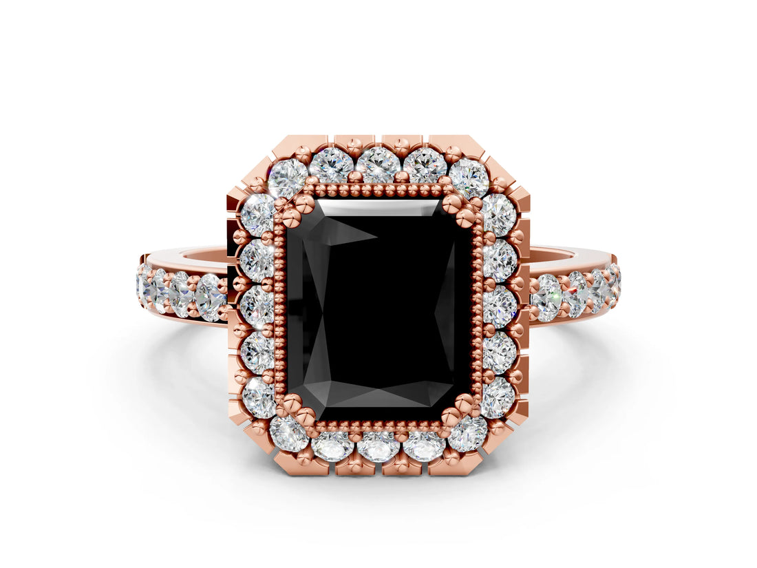 Rose gold Fancy Black Radiant Cut Diamond Halo Ring with Pavé Band and Prong Setting