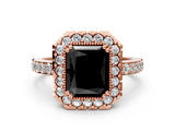 Rose gold Fancy Black Radiant Cut Diamond Halo Ring with Pavé Band and Prong Setting
