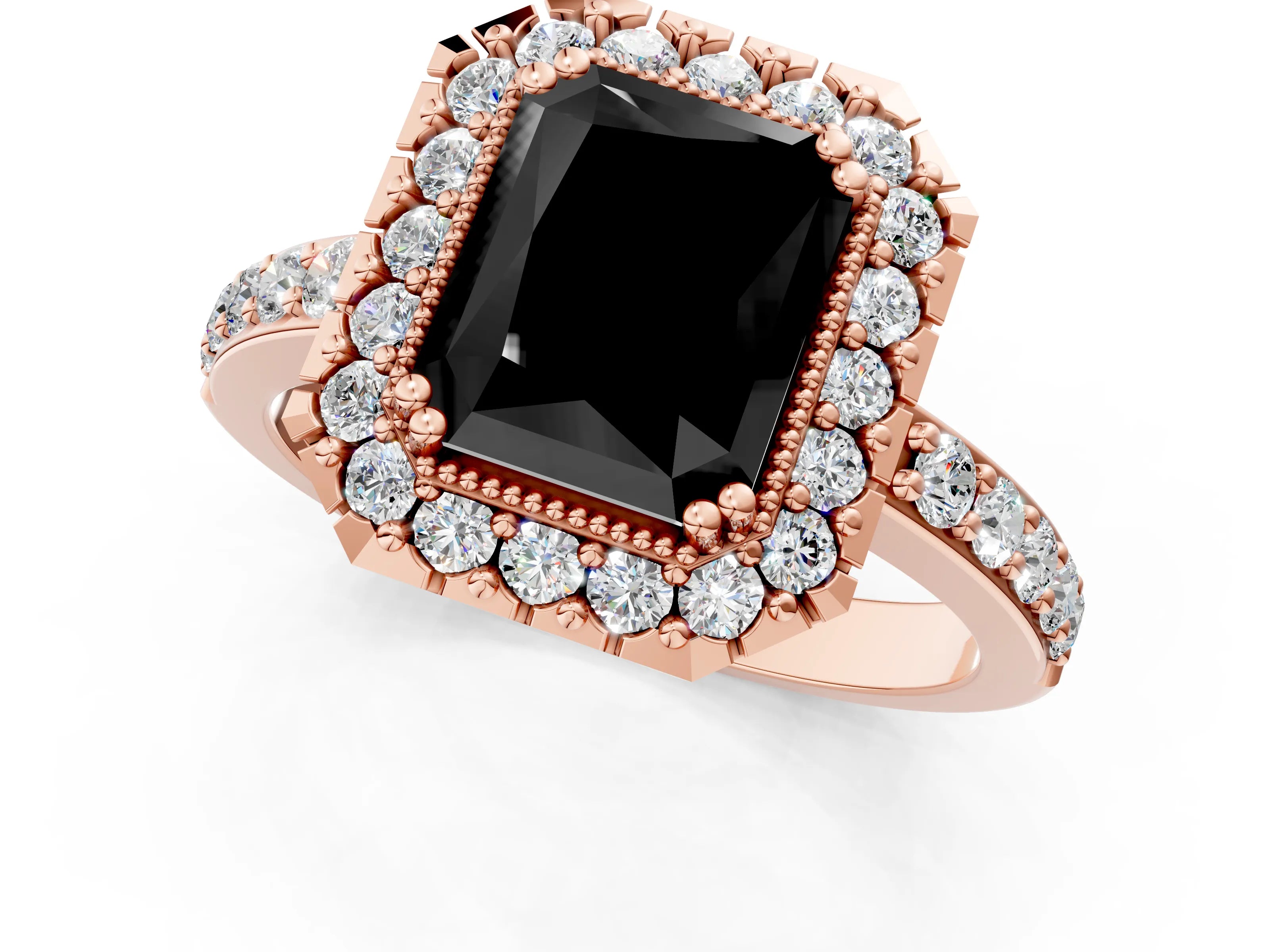 Rose gold Fancy Black Radiant Cut Diamond Halo Ring with Pavé Band and Prong Setting_1