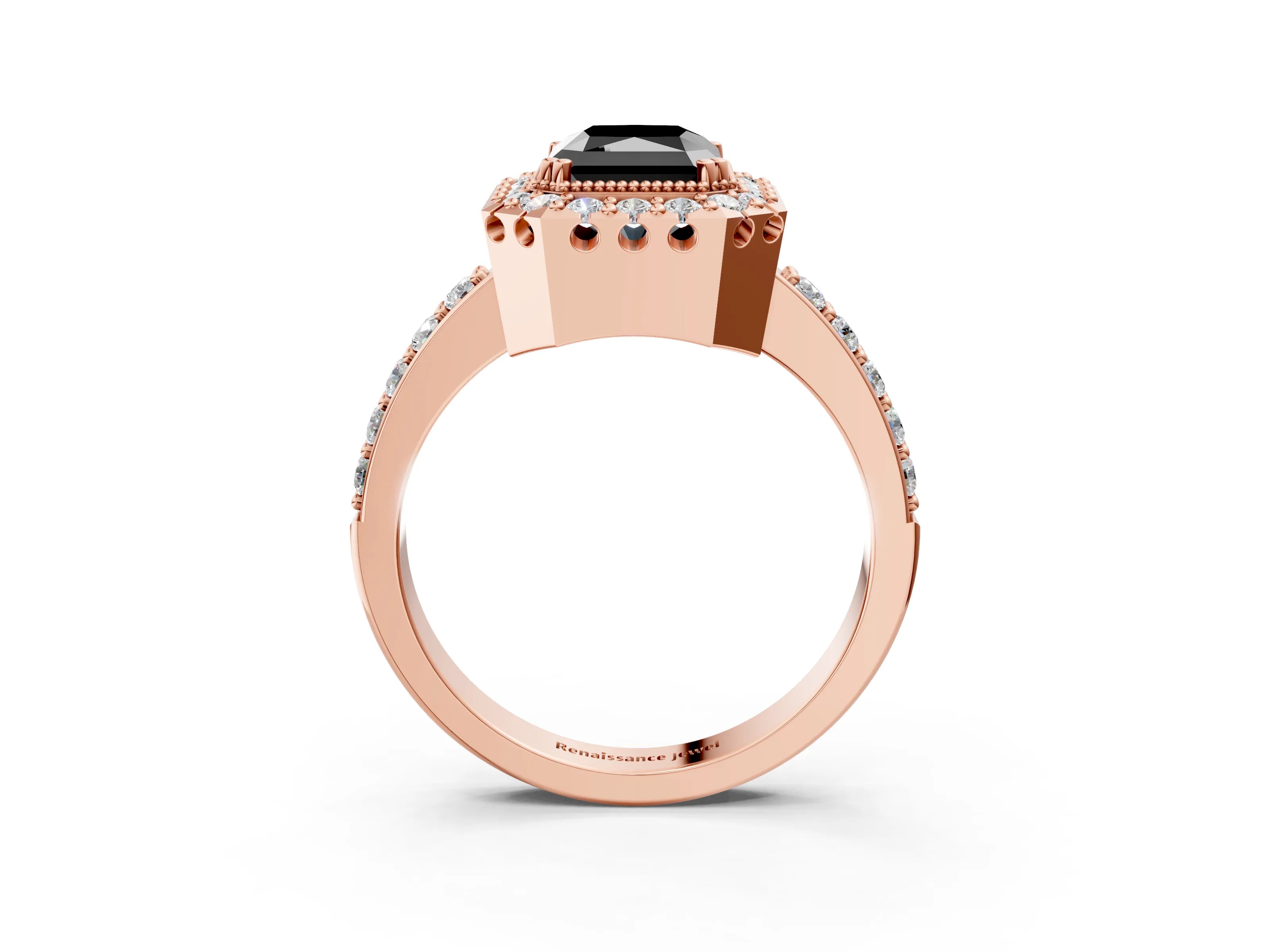 Rose gold Fancy Black Radiant Cut Diamond Halo Ring with Pavé Band and Prong Setting_3