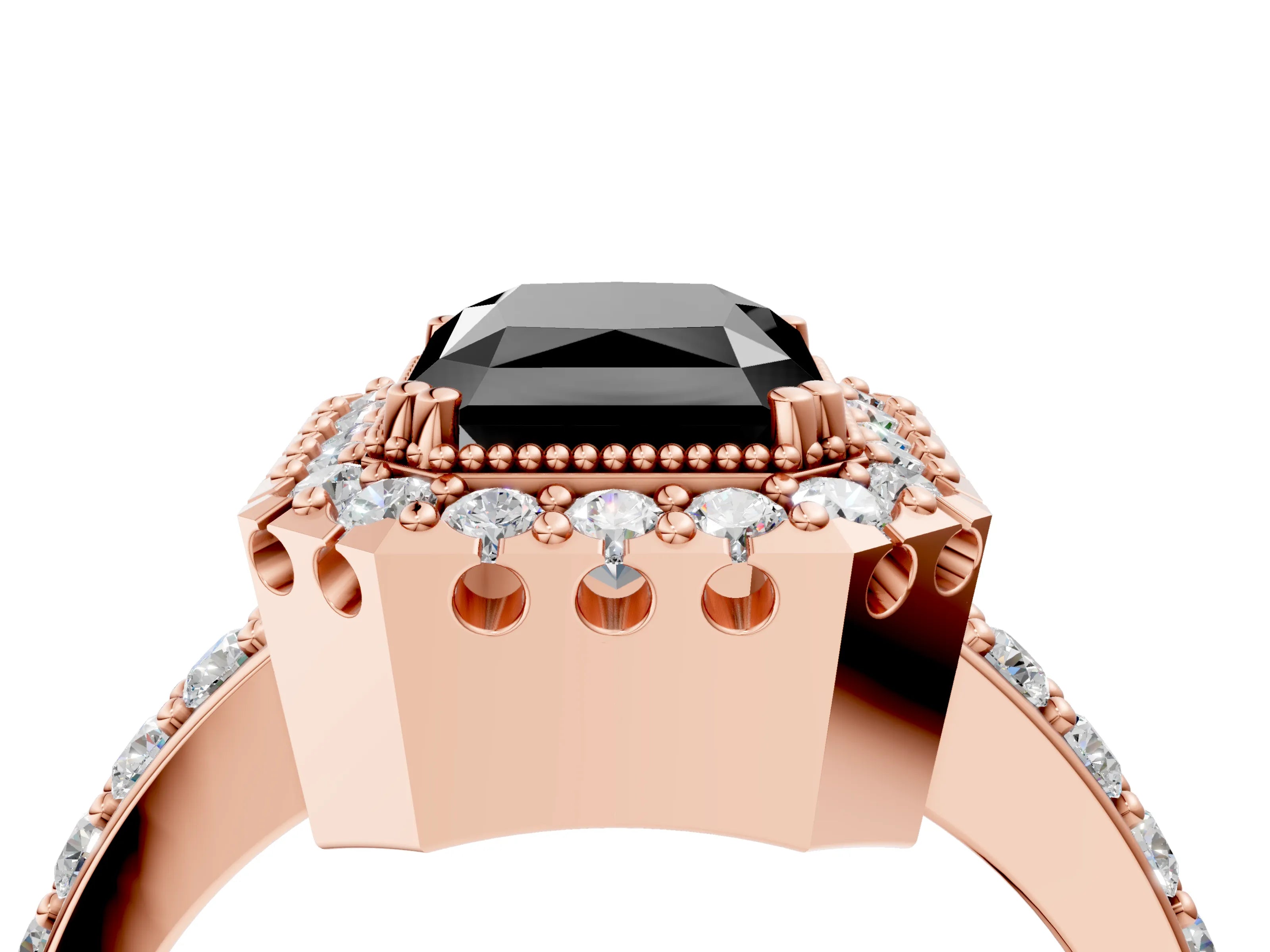 Rose gold Fancy Black Radiant Cut Diamond Halo Ring with Pavé Band and Prong Setting_4