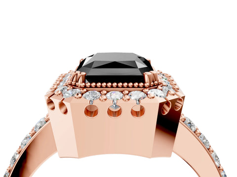 Rose gold Fancy Black Radiant Cut Diamond Halo Ring with Pavé Band and Prong Setting_4
