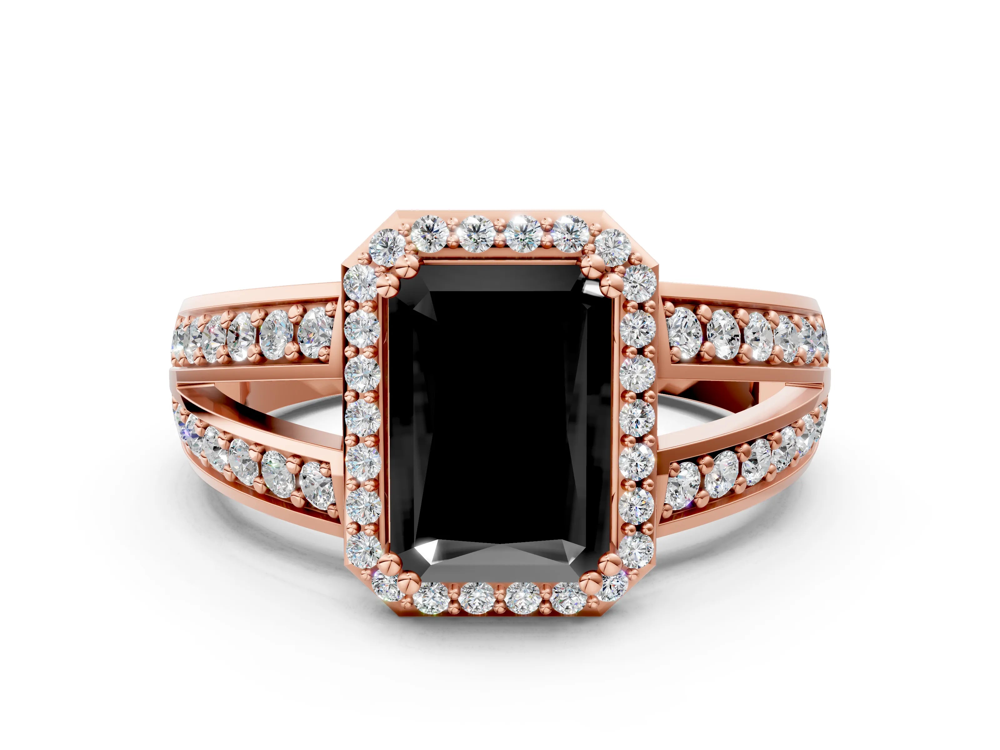 Rose gold Fancy Black Radiant Cut Diamond Halo Ring with Split Shank Pavé Band and Four-Prong Setting