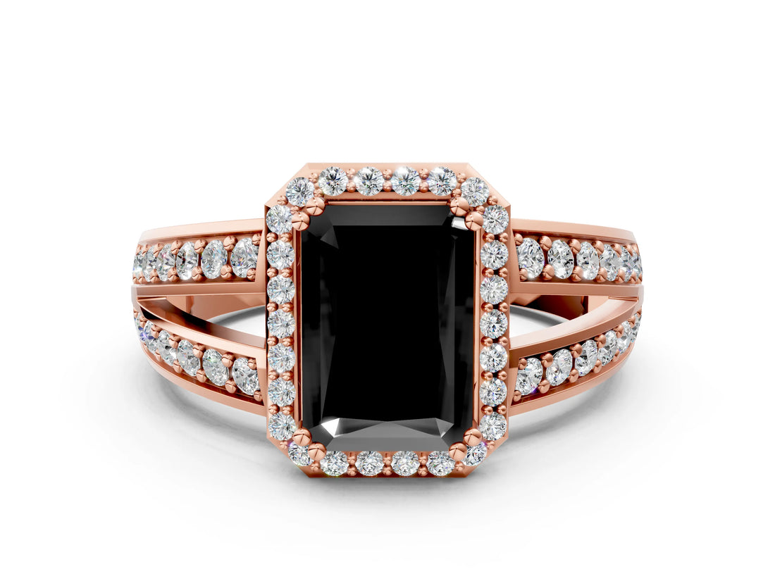 Rose gold Fancy Black Radiant Cut Diamond Halo Ring with Split Shank Pavé Band and Four-Prong Setting