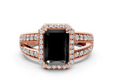 Rose gold Fancy Black Radiant Cut Diamond Halo Ring with Split Shank Pavé Band and Four-Prong Setting