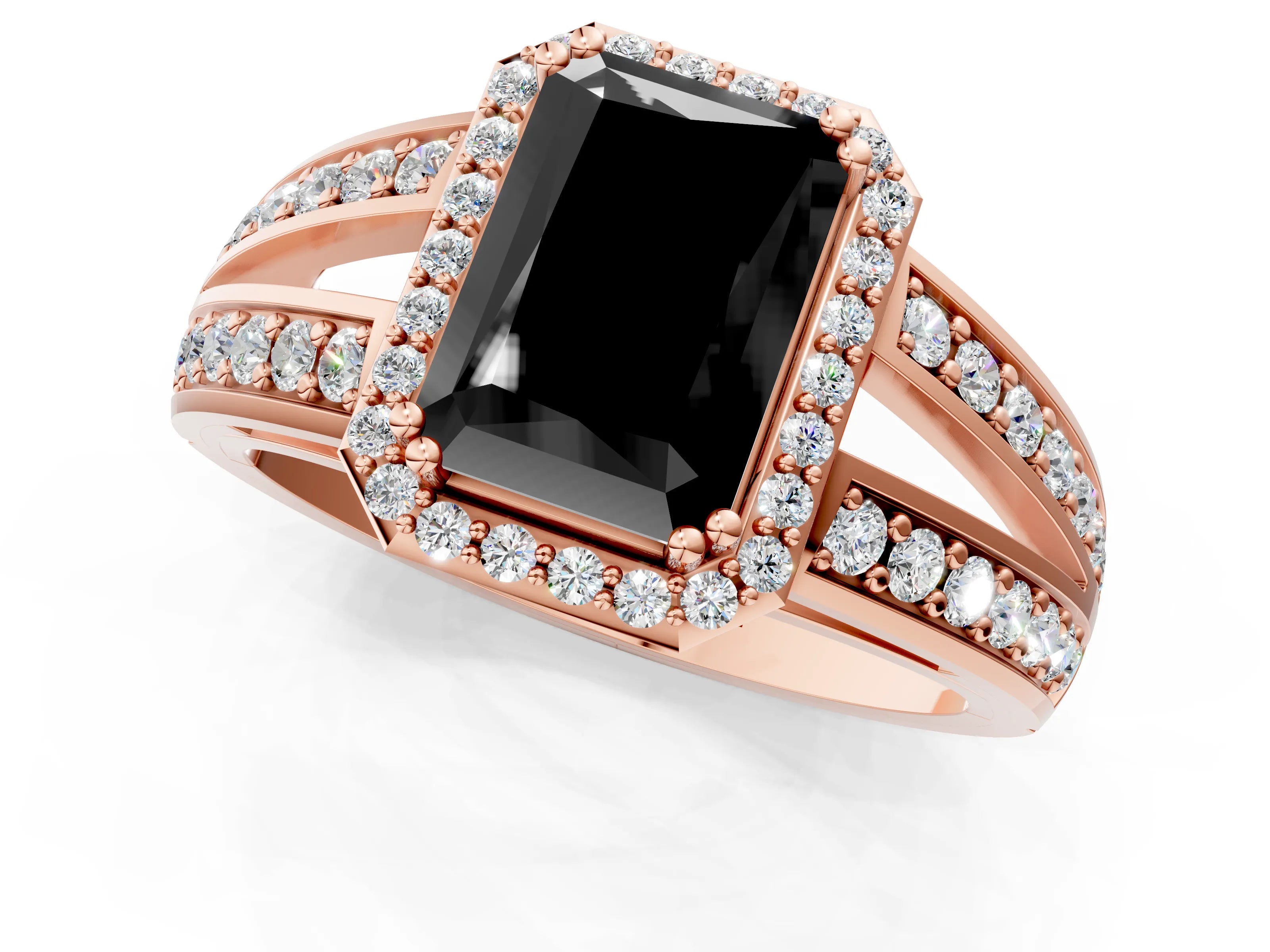 Rose gold Fancy Black Radiant Cut Diamond Halo Ring with Split Shank Pavé Band and Four-Prong Setting_1