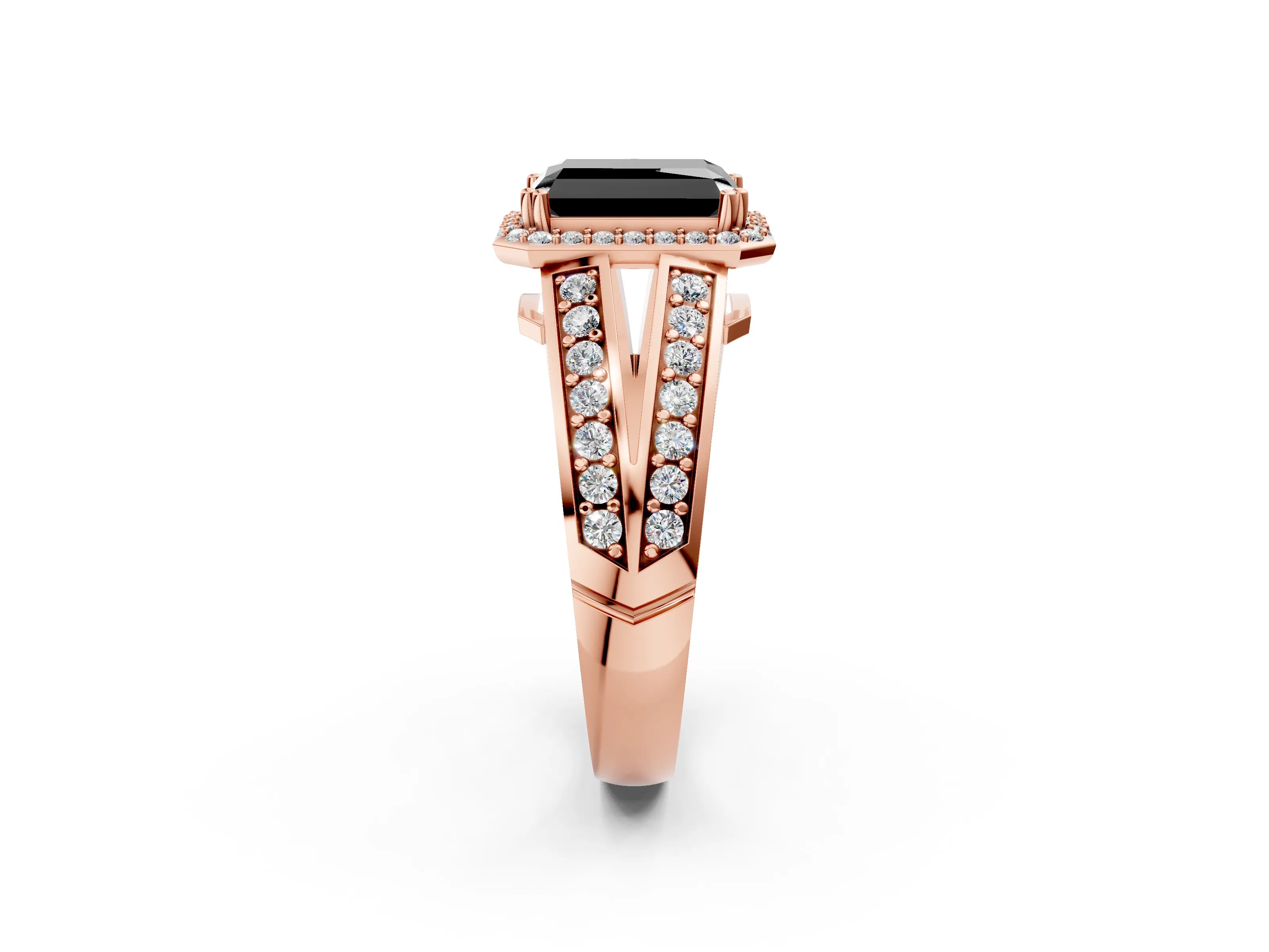 Rose gold Fancy Black Radiant Cut Diamond Halo Ring with Split Shank Pavé Band and Four-Prong Setting_2