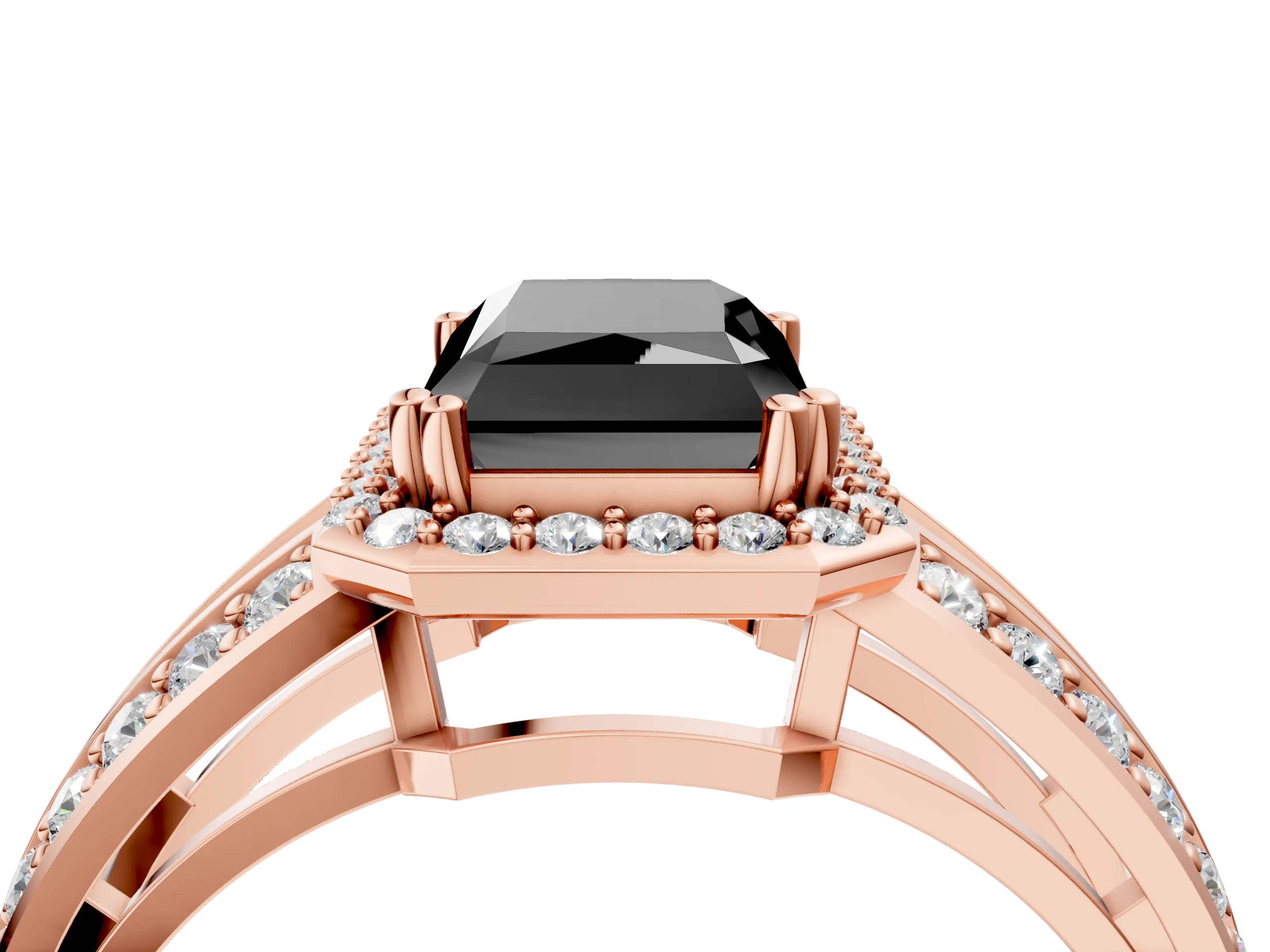 Rose gold Fancy Black Radiant Cut Diamond Halo Ring with Split Shank Pavé Band and Four-Prong Setting_4