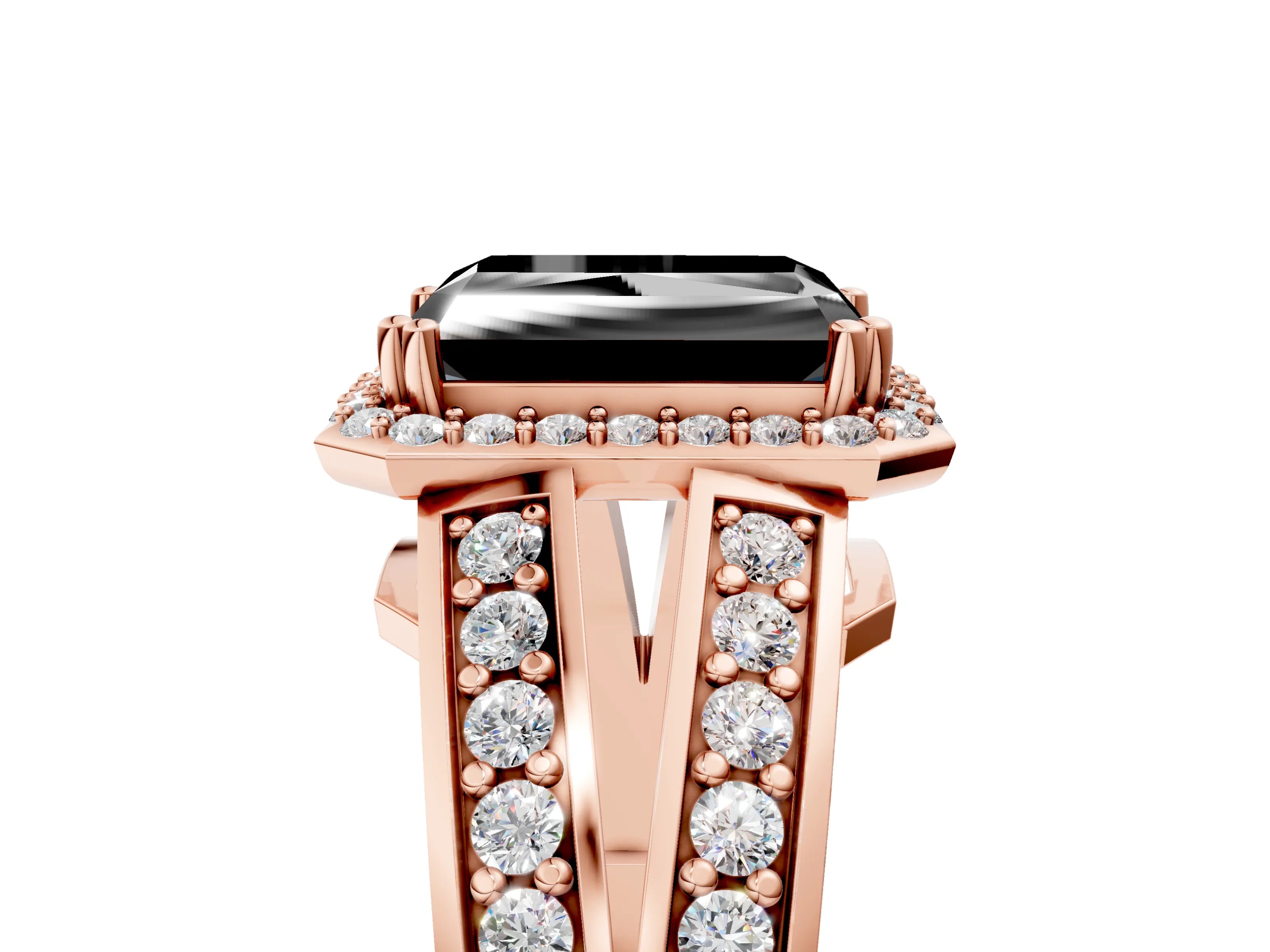 Rose gold Fancy Black Radiant Cut Diamond Halo Ring with Split Shank Pavé Band and Four-Prong Setting_5