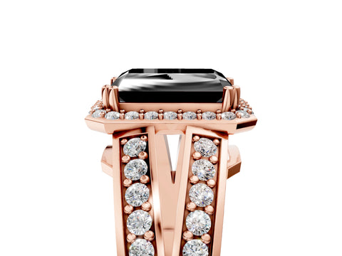 Rose gold Fancy Black Radiant Cut Diamond Halo Ring with Split Shank Pavé Band and Four-Prong Setting_5