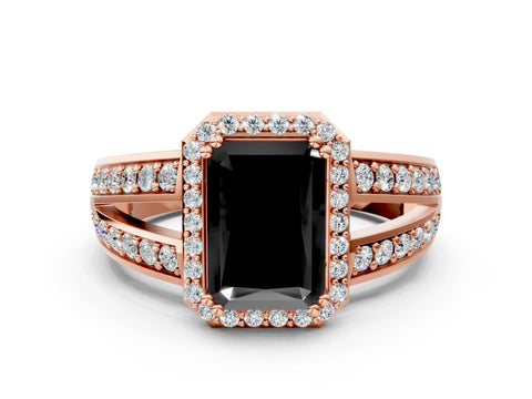 Rose gold Fancy Black Radiant Cut Diamond Halo Ring with Split Shank Pavé Band and Four-Prong Setting