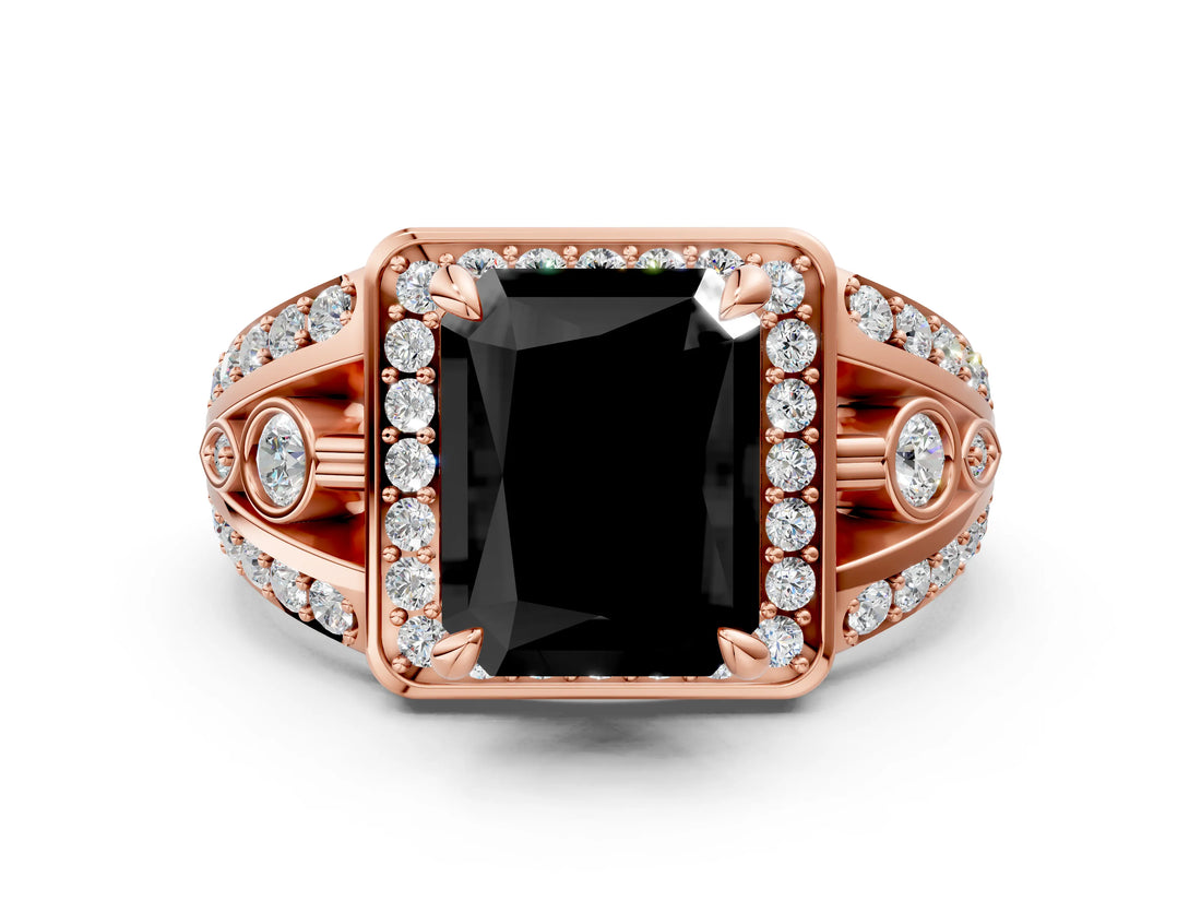 Rose gold Fancy Black Radiant Cut Diamond Halo Ring with Split Shank and Bezel Accents and Four-Prong Setting