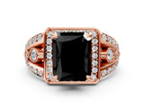Rose gold Fancy Black Radiant Cut Diamond Halo Ring with Split Shank and Bezel Accents and Four-Prong Setting