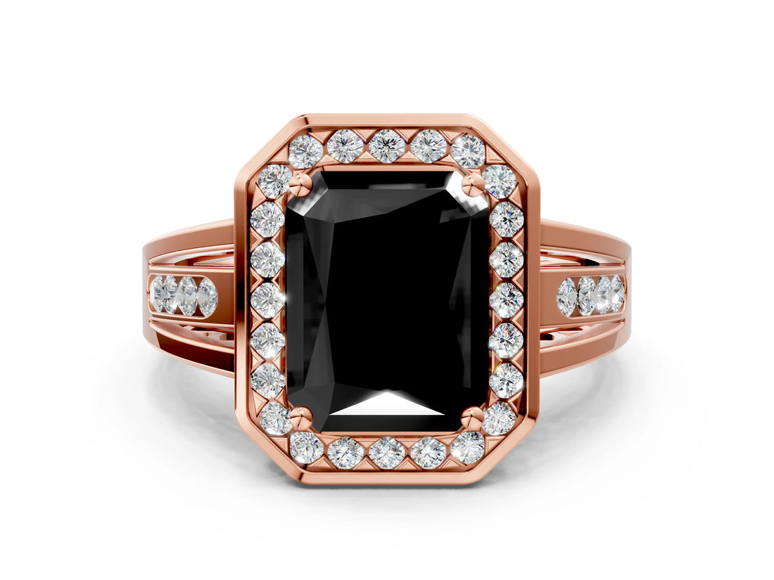Rose gold Fancy Black Radiant Cut Diamond Halo Ring with Split Shank and Bezel Accents and Prong Setting