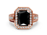 Rose gold Fancy Black Radiant Cut Diamond Halo Ring with Split Shank and Bezel Accents and Prong Setting
