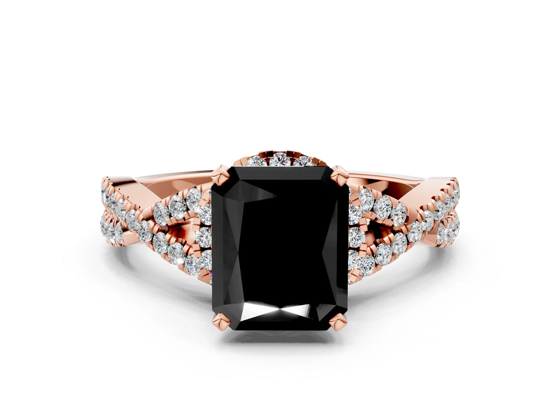 Rose gold Fancy Black Radiant Cut Diamond  Halo Twist Band Solitaire Prong Setting Ring_42