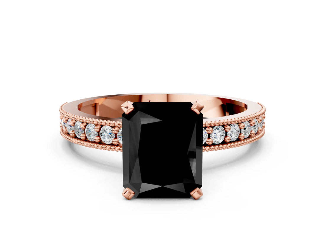 Rose gold Fancy Black Radiant Cut Diamond Milgrain Pavé Engagement Ring with Four-Prong Setting