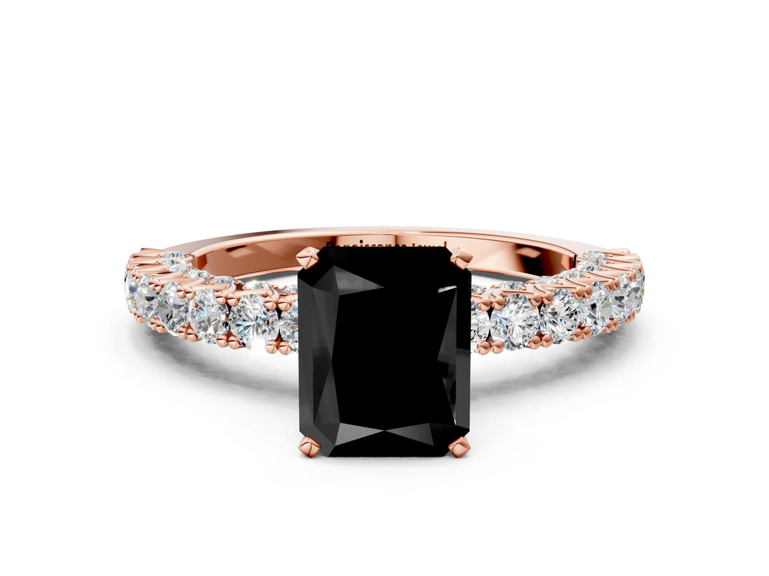 Rose gold Fancy Black Radiant Cut Diamond Pavé Band Solitaire Ring with Four-Prong Setting