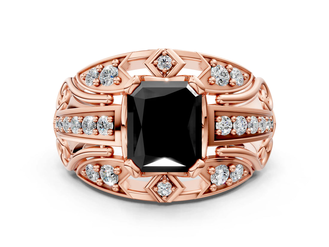 Rose gold Fancy Black Radiant Cut Diamond Pave Art Deco Split Shank Ring with Four-Prong Setting