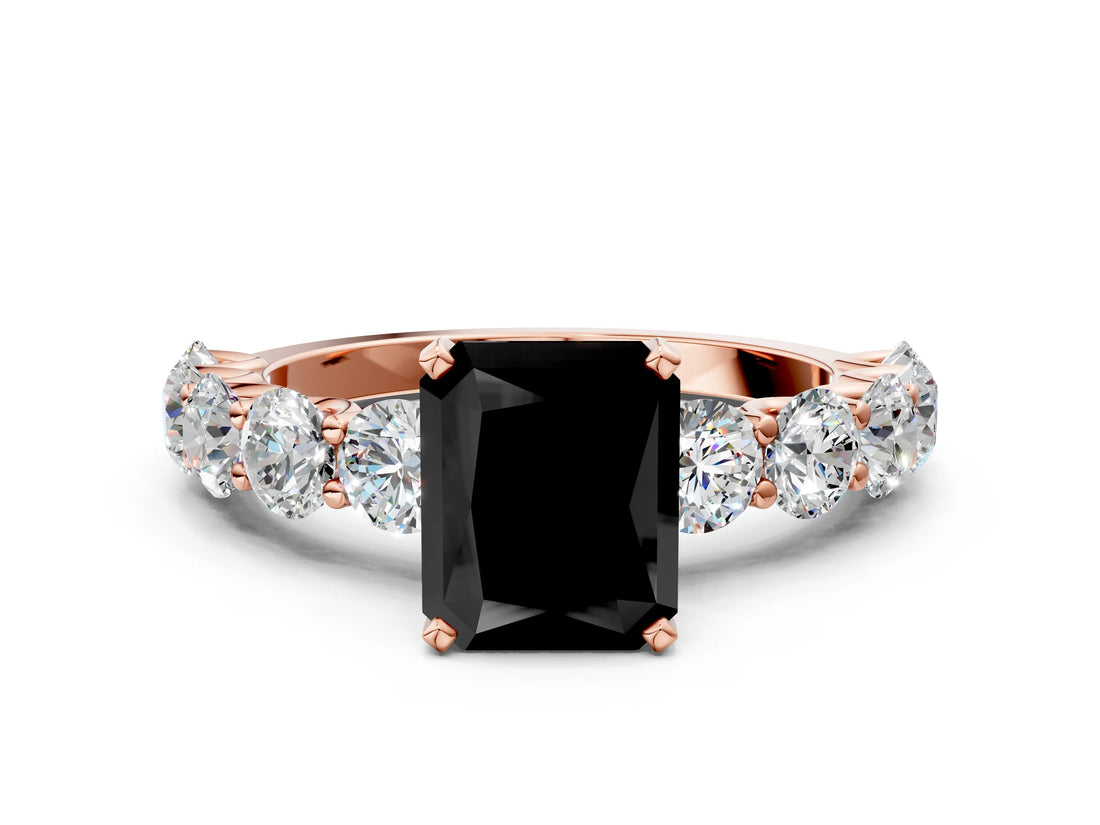 Rose gold Fancy Black Radiant Cut Diamond Prong Setting with Side Stones on a Pave Band