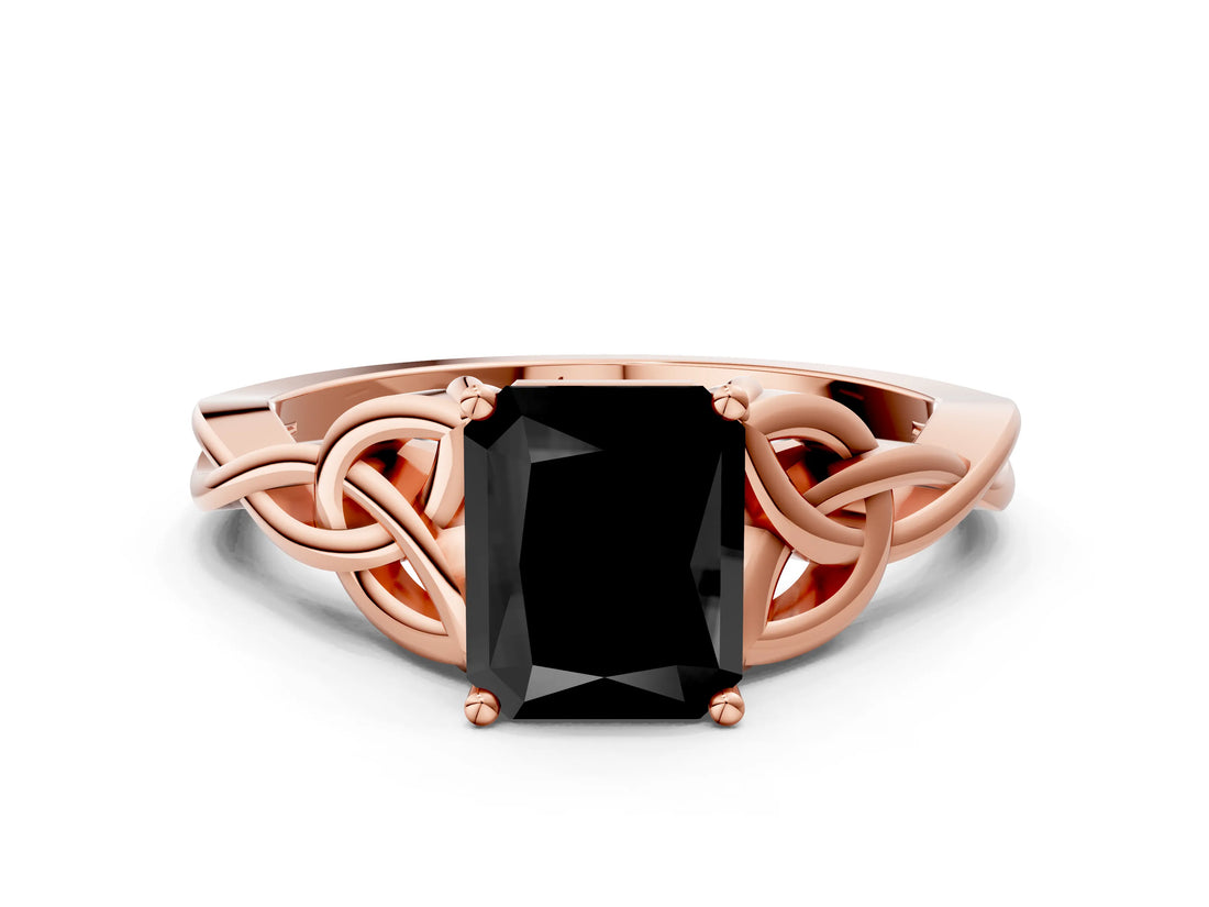 Rose gold Fancy Black Radiant Cut Diamond Solitaire Engagement Ring with Celtic Knot Band and Four-Prong Setting