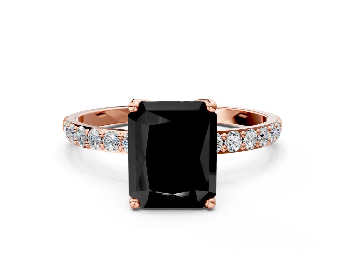 Rose gold Fancy Black Radiant Cut Diamond Solitaire Engagement Ring with Pavé Band and Prong Setting