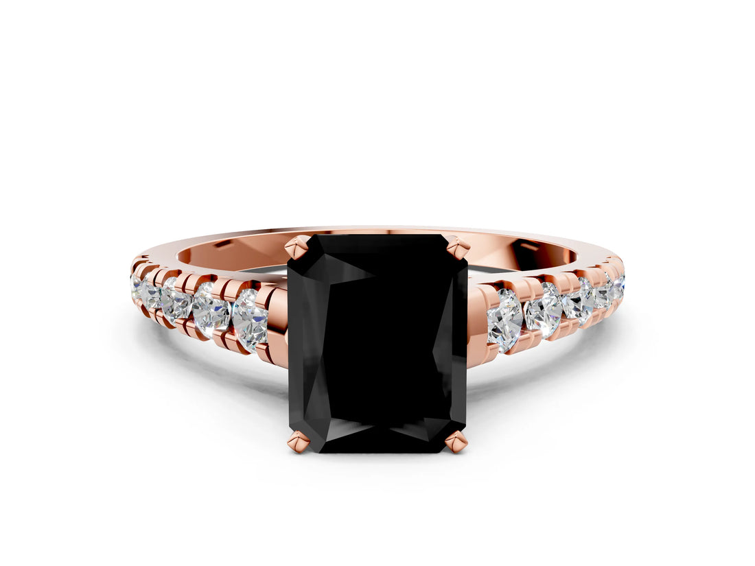 Rose gold Fancy Black Radiant Cut Diamond Solitaire Ring with Cathedral Setting and Pavé Band