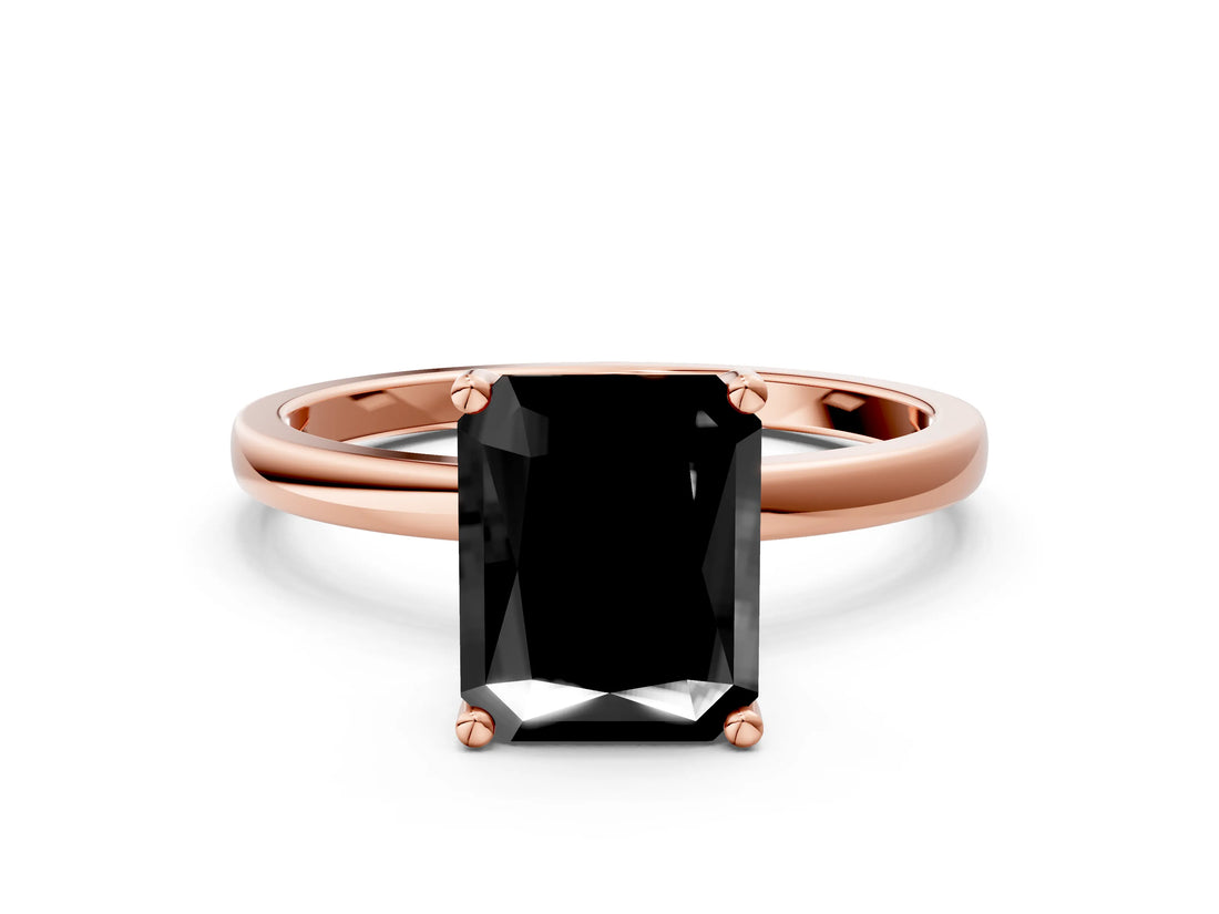 Rose gold Fancy Black Radiant Cut Diamond Solitaire Ring with Classic Band and Four-Prong Setting