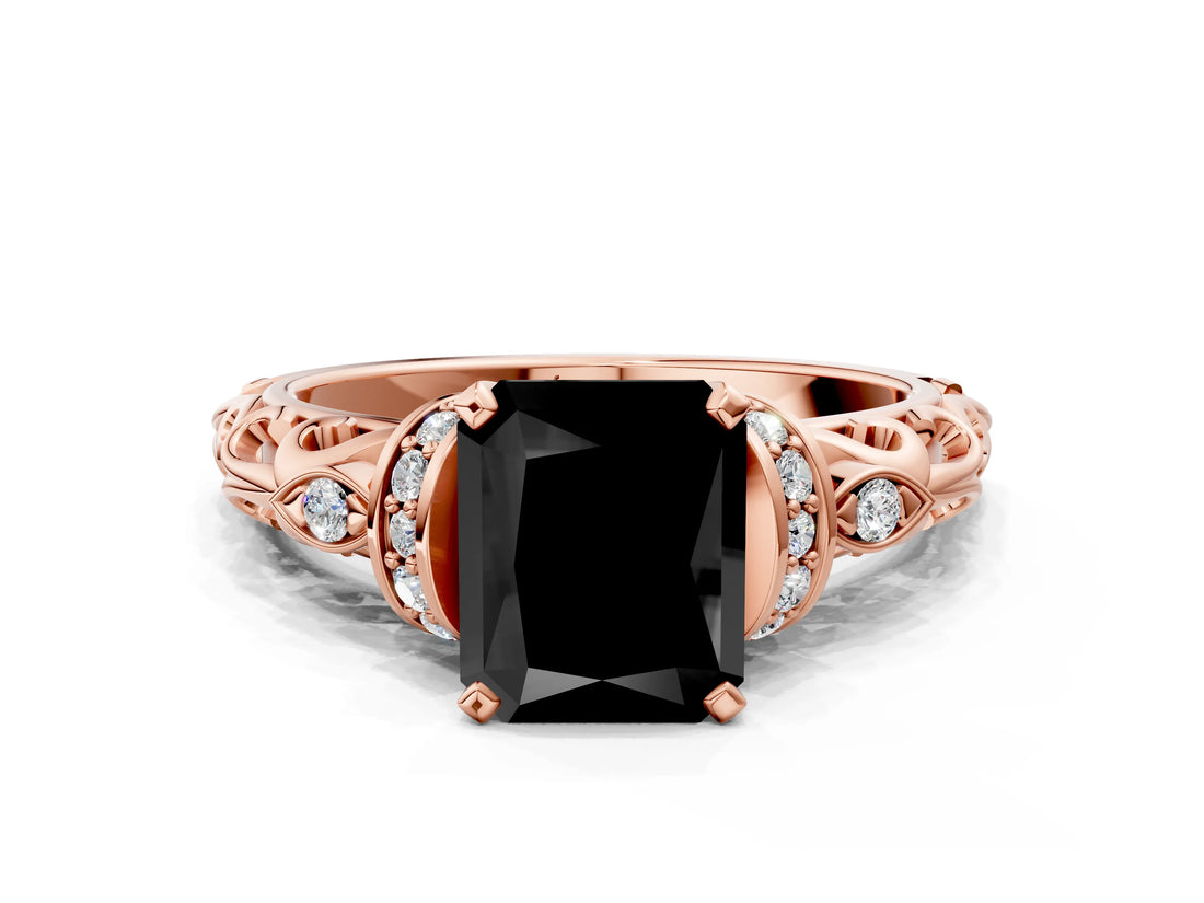 Rose gold Fancy Black Radiant Cut Diamond Solitaire Ring with Filigree Band and Four-Prong Setting