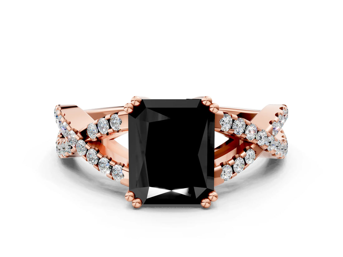 Rose gold Fancy Black Radiant Cut Diamond Solitaire Ring with Four-Prong Setting and Twisted Pavé Band