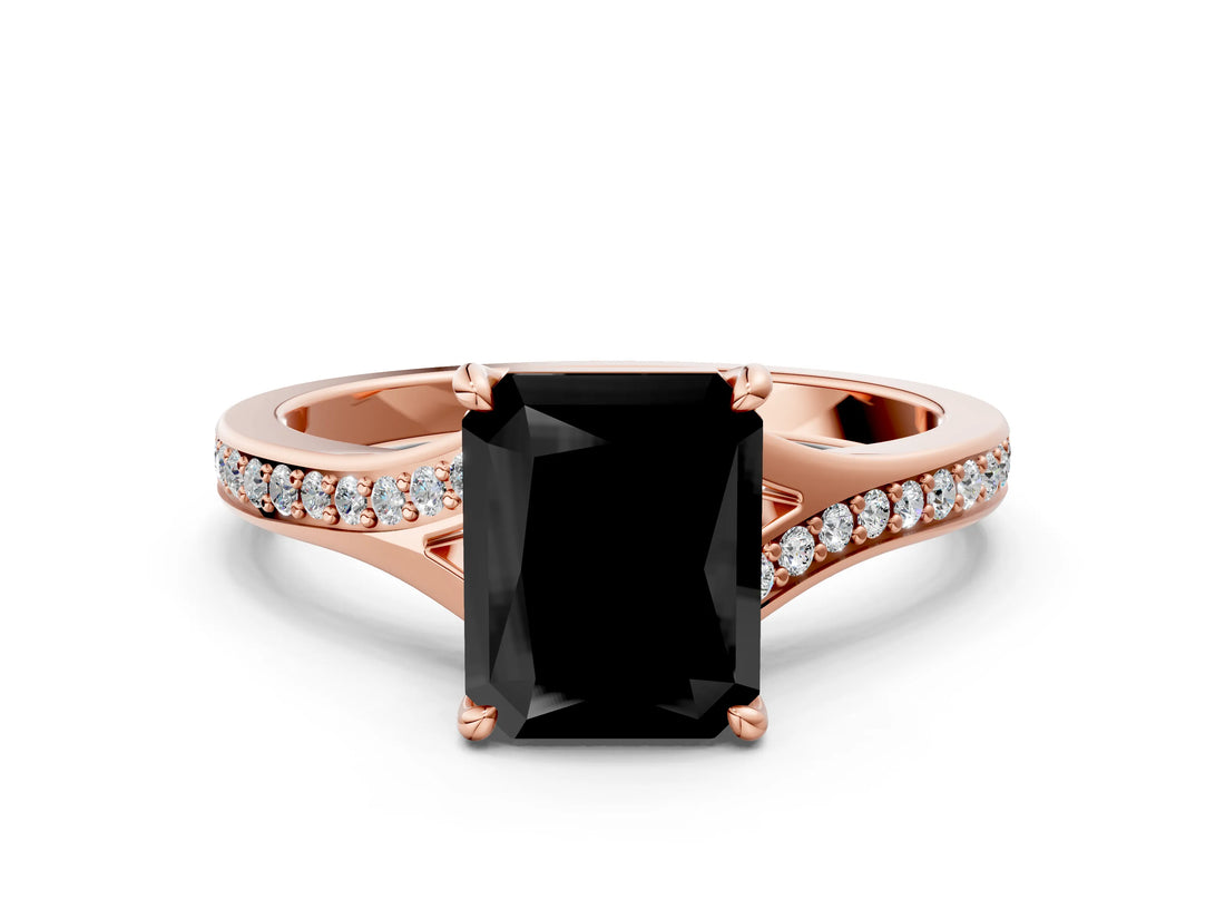Rose gold Fancy Black Radiant Cut Diamond Solitaire Ring with Pavé Band and Prong Setting_12