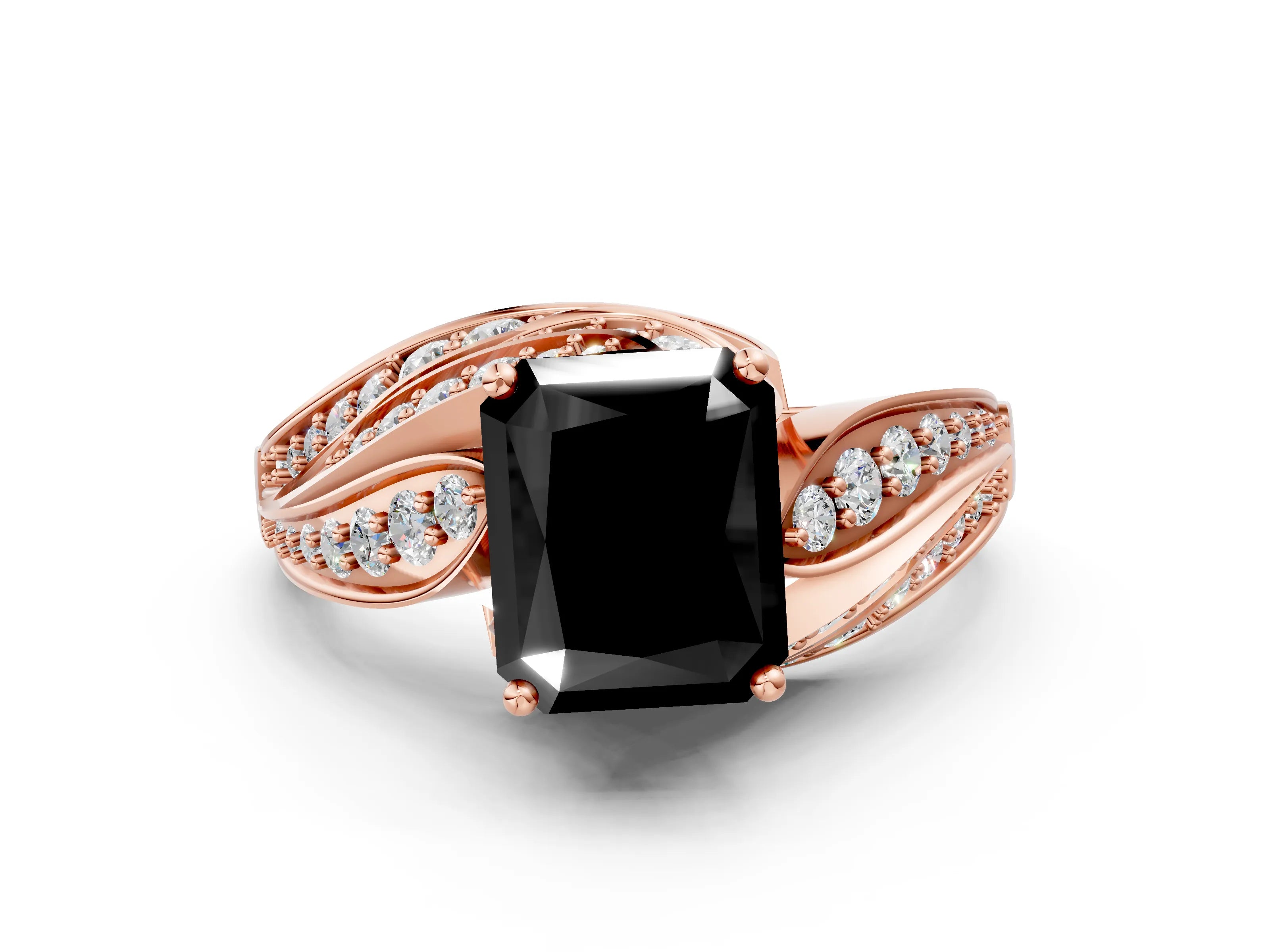 Rose gold Fancy Black Radiant Cut Diamond Solitaire Ring with Prong Setting and Twisted Pavé Band
