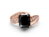Rose gold Fancy Black Radiant Cut Diamond Solitaire Ring with Prong Setting and Twisted Pavé Band